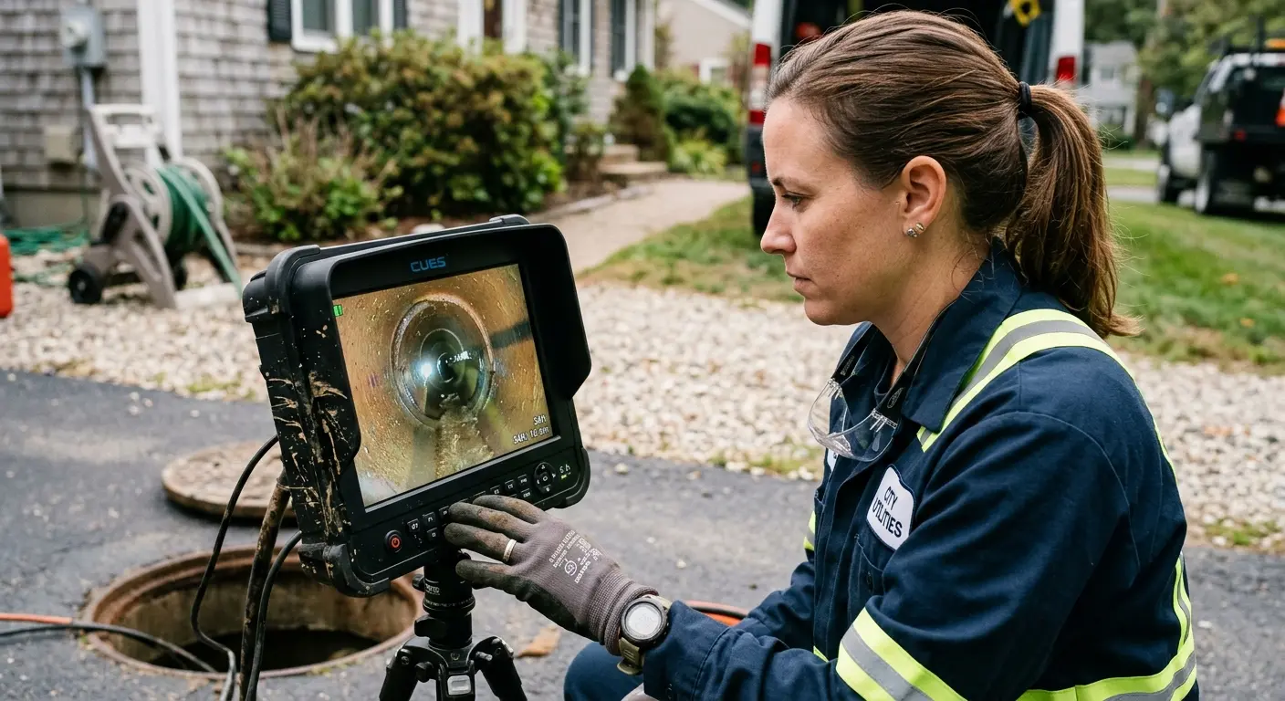 Technician reviewing sewer camera inspection footage in Mahwah