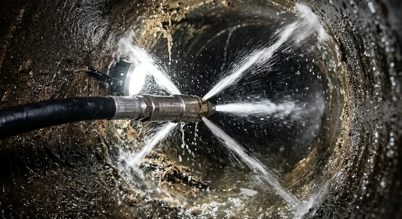 High-pressure hydro jetting nozzle cleaning sewer pipe for Sewer Cleanout in Mahwah