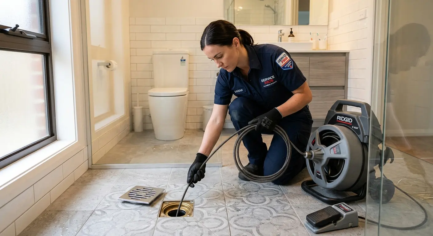 Technician clearing a bathroom floor drain for Hydro Jetting in Mahwah
